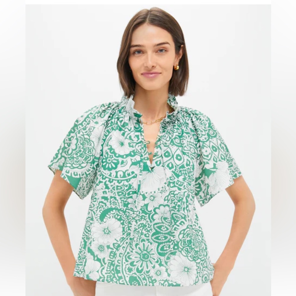 Tuckernuck Hyacinth House Green and White Floral Thea Blouse
